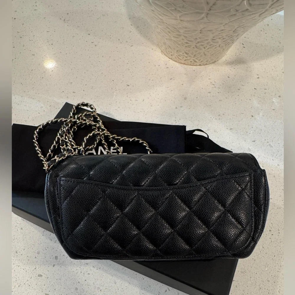 CHANEL classic black caviar and gold hardware sunglasses case crossbody bag